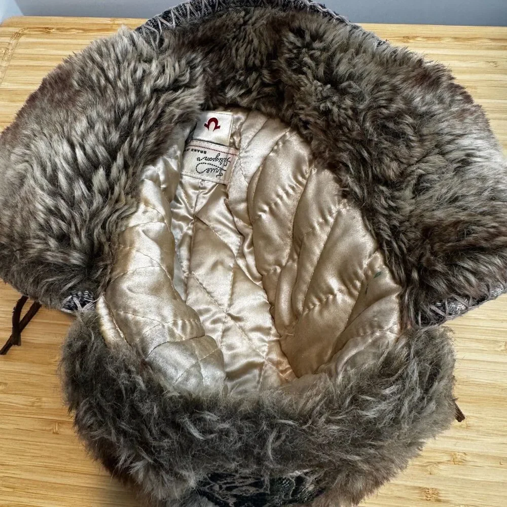 Vintage Y2K True Religion Patchwork Plaid Faux Fur Trapper Aviator Hat OS